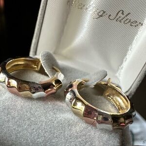 Sterling silver tricolor small hoops. New in box.  Never worn.